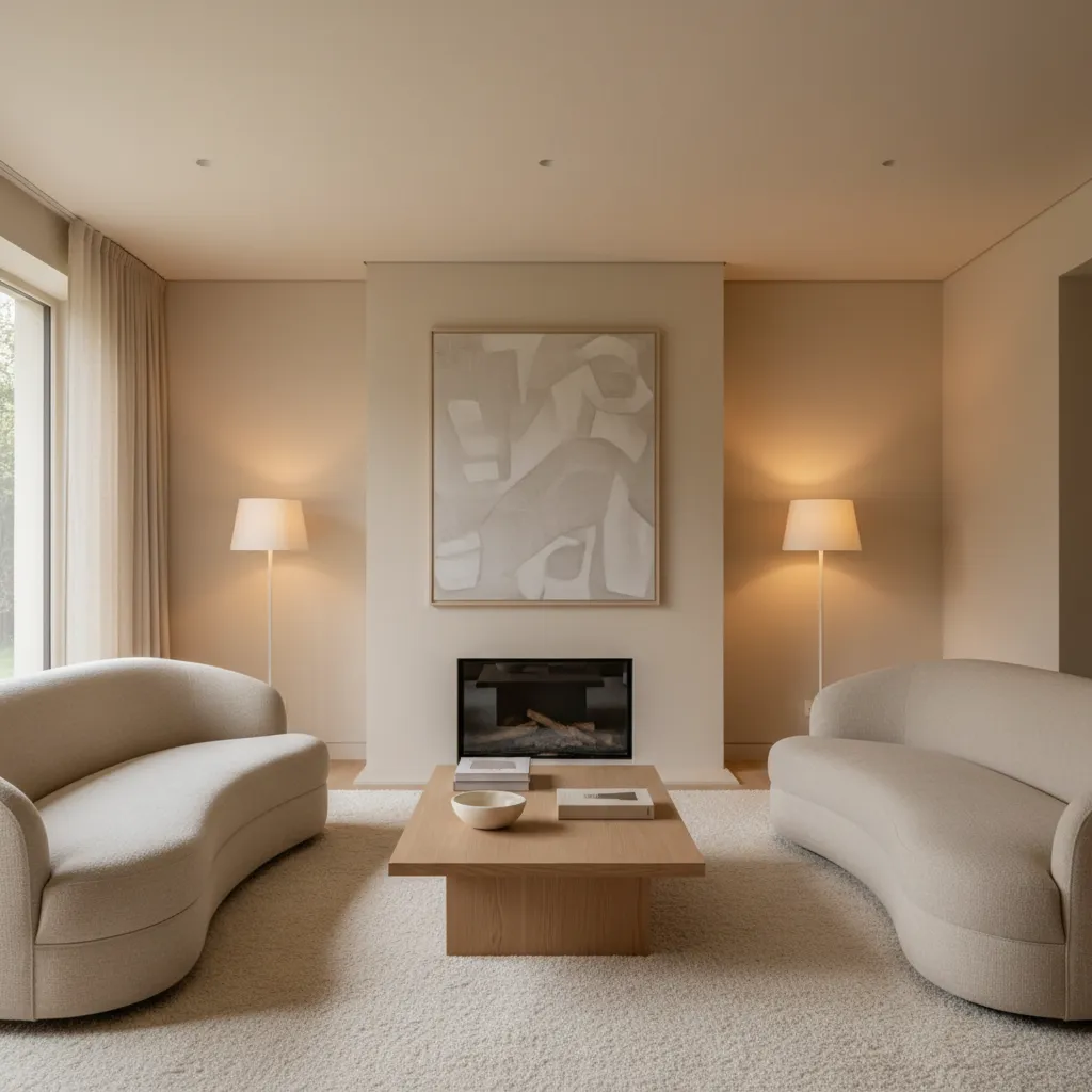 Salón crema equilibrado con sofá claro, mesa de madera y decoración minimalista