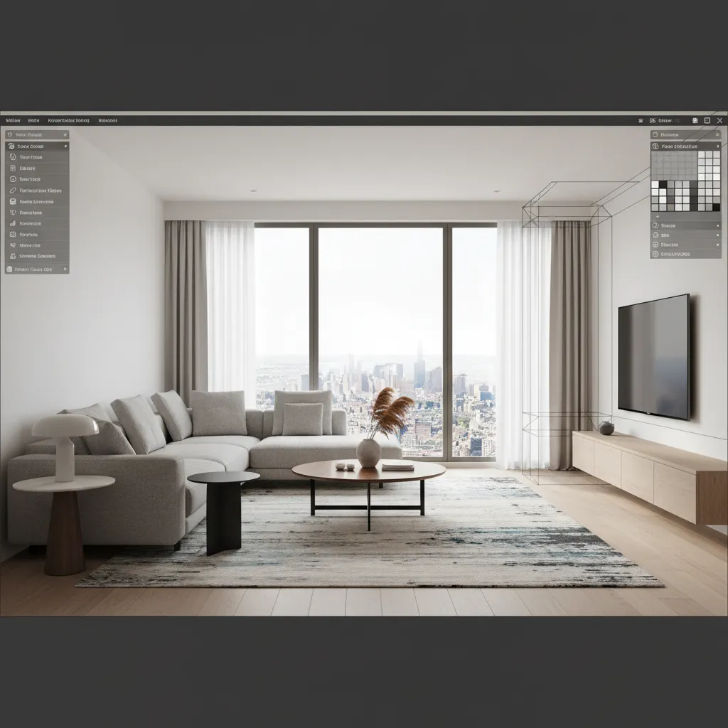 Diseño digital de un salón moderno en una interfaz de planificación