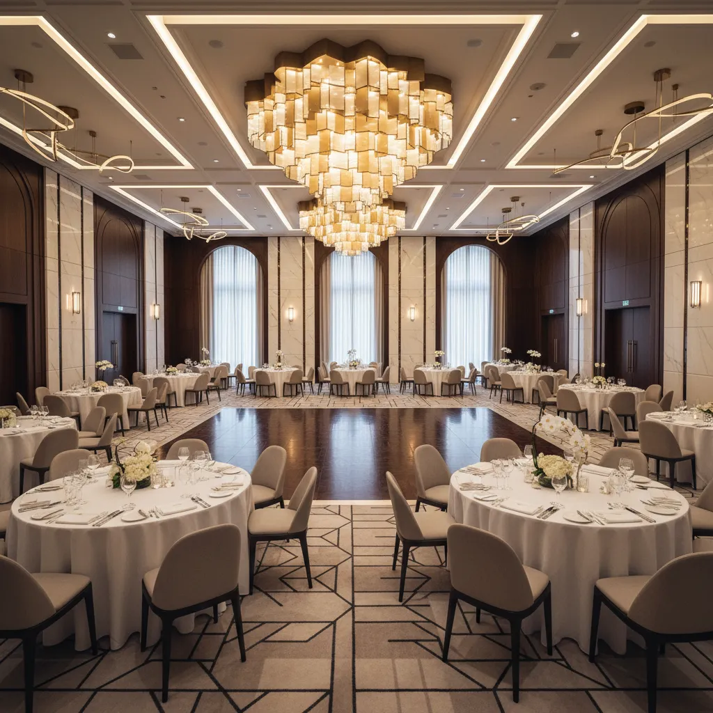 Spacious ballroom featuring round tables grey chairs wooden dance floor and tiered gold ceiling light