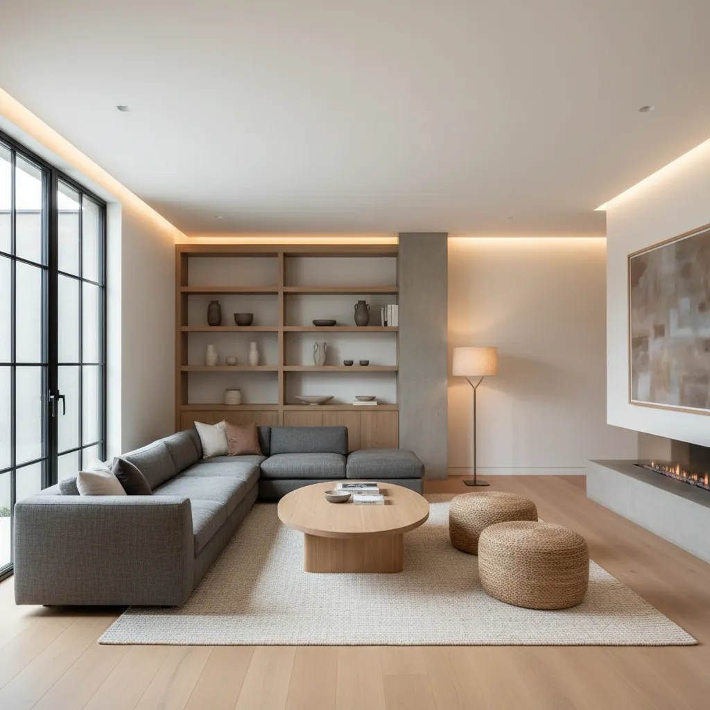Salón bien distribuido con circulación clara y diseño equilibrado