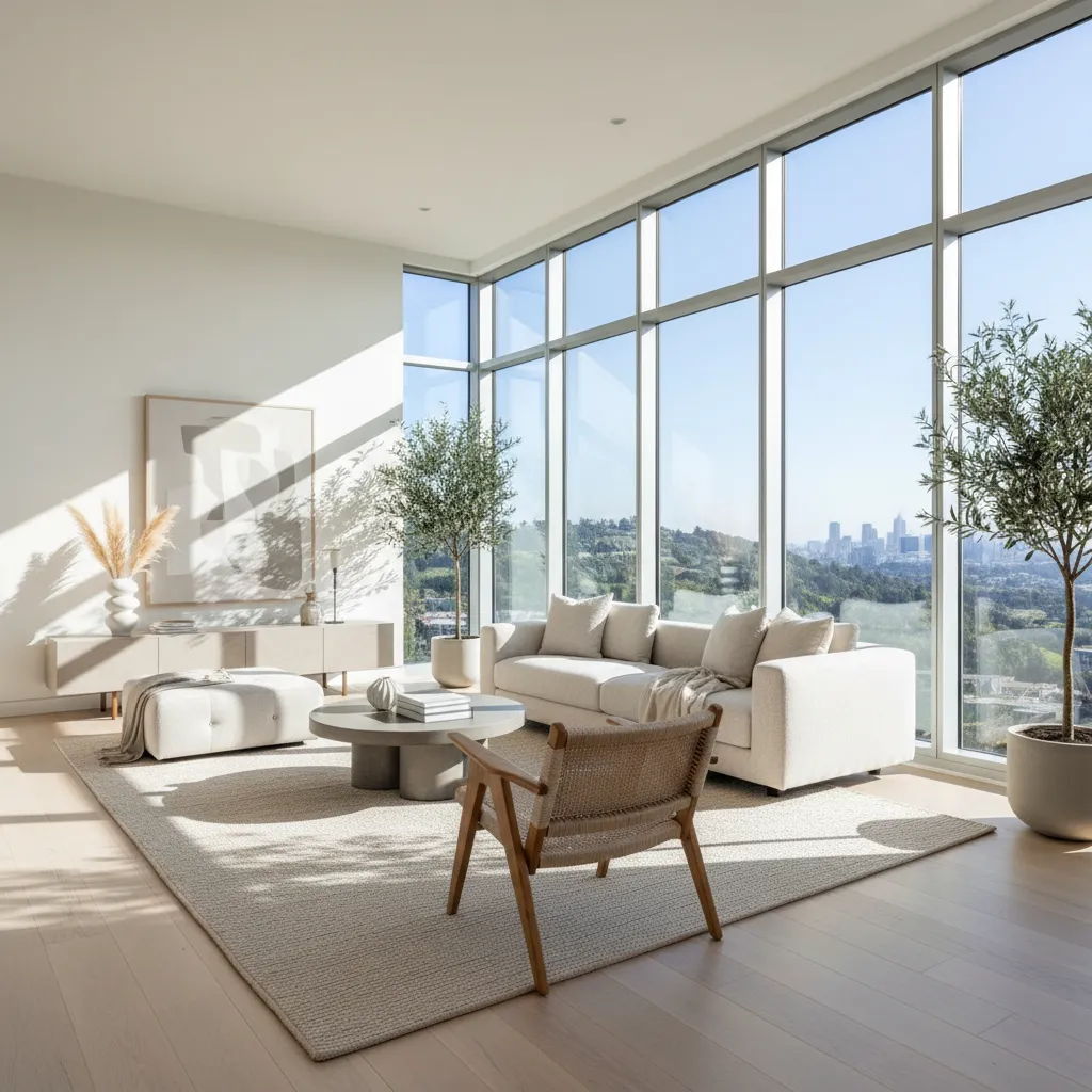 Interior luminoso con muebles minimalistas y paredes claras