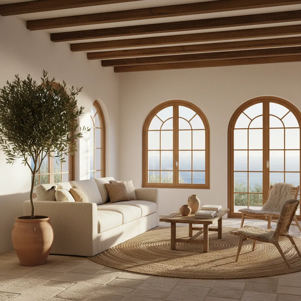 Salón mediterráneo con muebles claros y materiales naturales