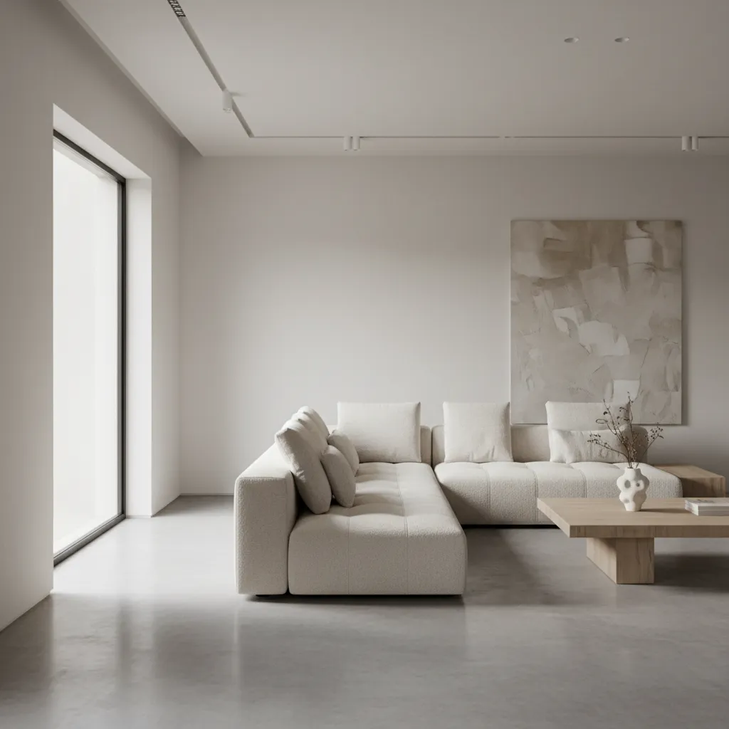 Minimalist living room with white sofa, wooden coffee table, large window, and clean wall art