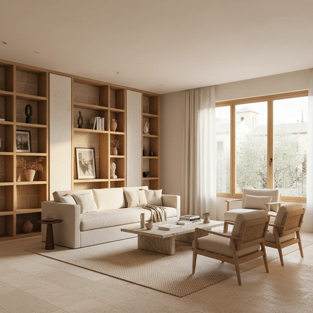 Salón moderno bien distribuido con mobiliario equilibrado