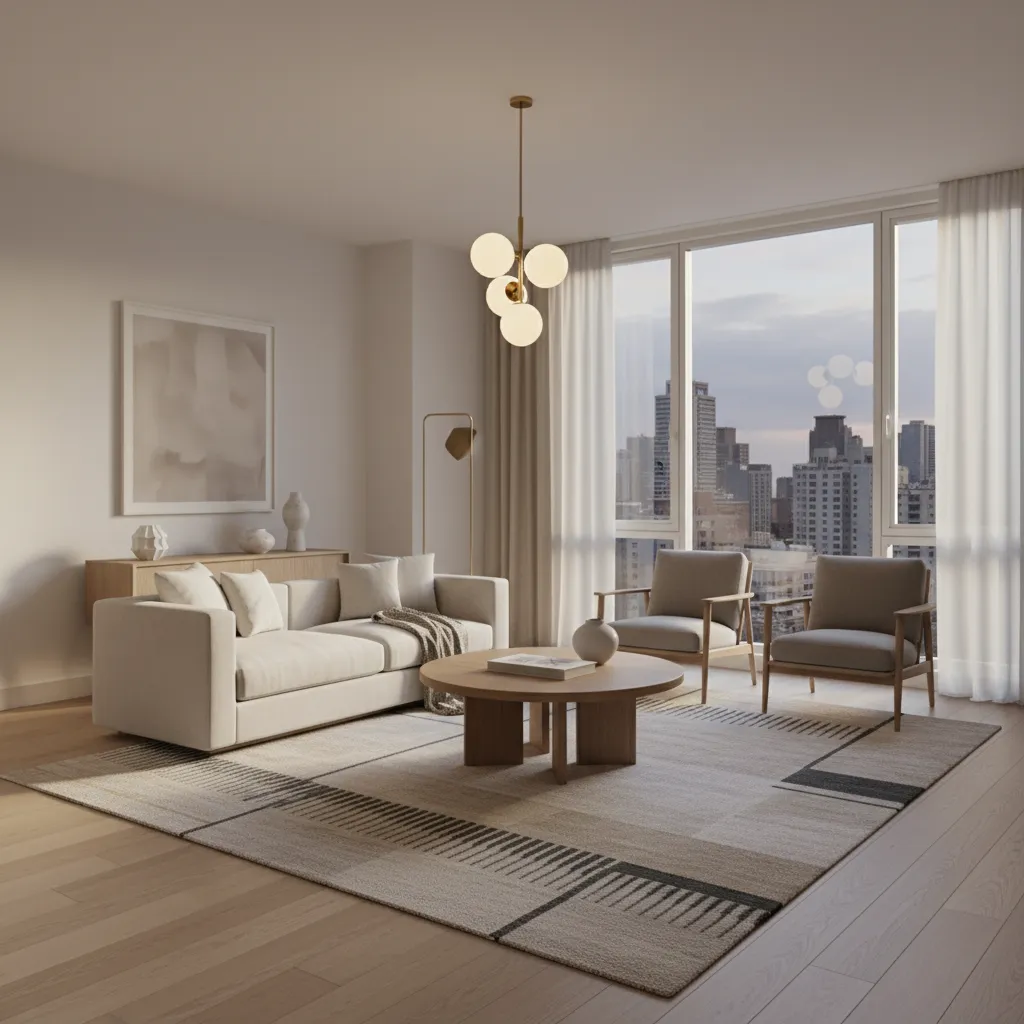 Salón moderno bien diseñado con iluminación cálida y muebles contemporáneos