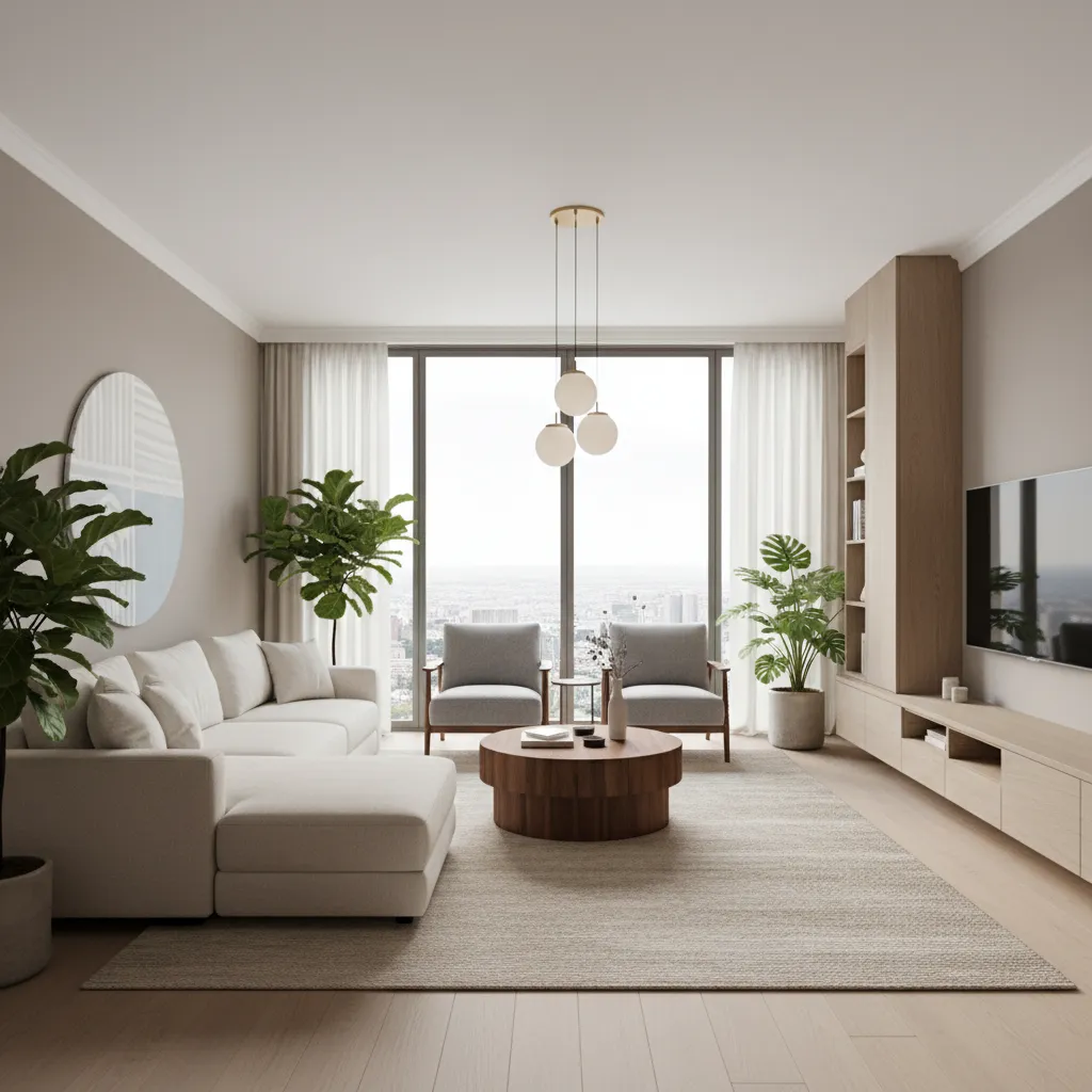 Salón moderno bien diseñado con iluminación equilibrada y mobiliario funcional