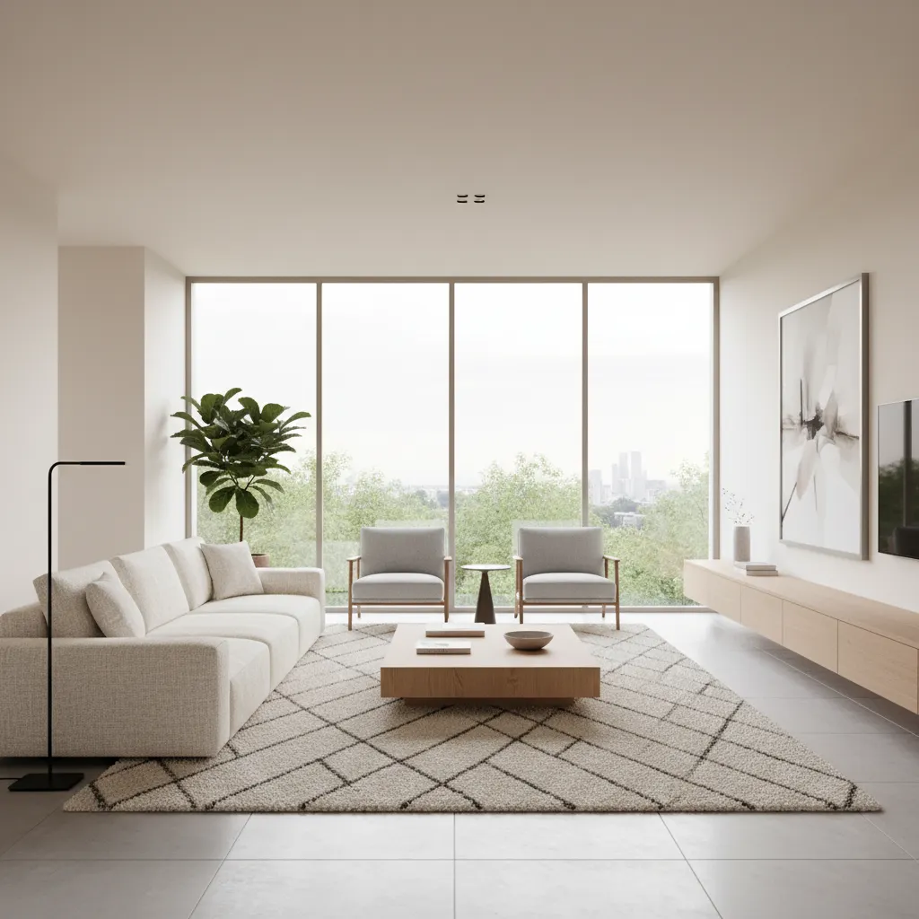 Minimalist living room with white sofa wooden coffee table large windows and green plant decoration