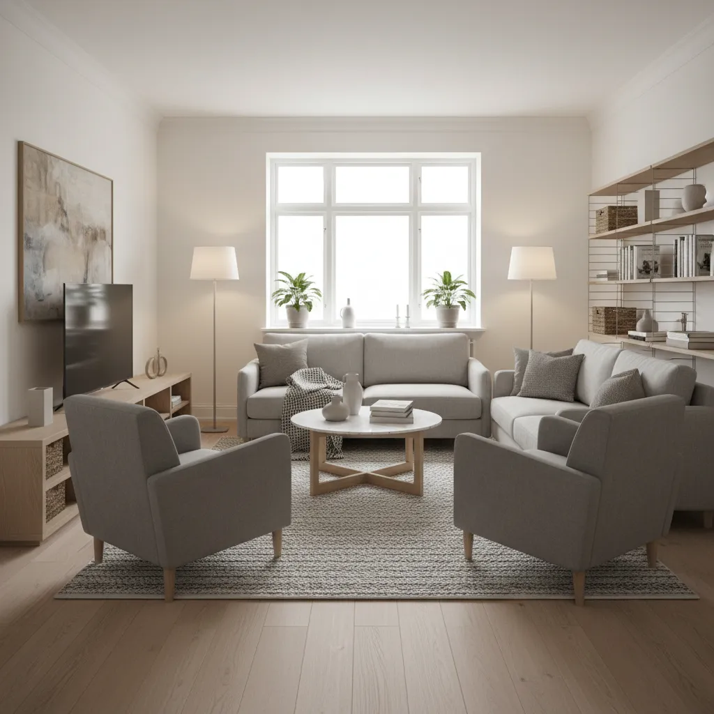 Salón moderno diseñado por interiorista con distribución equilibrada