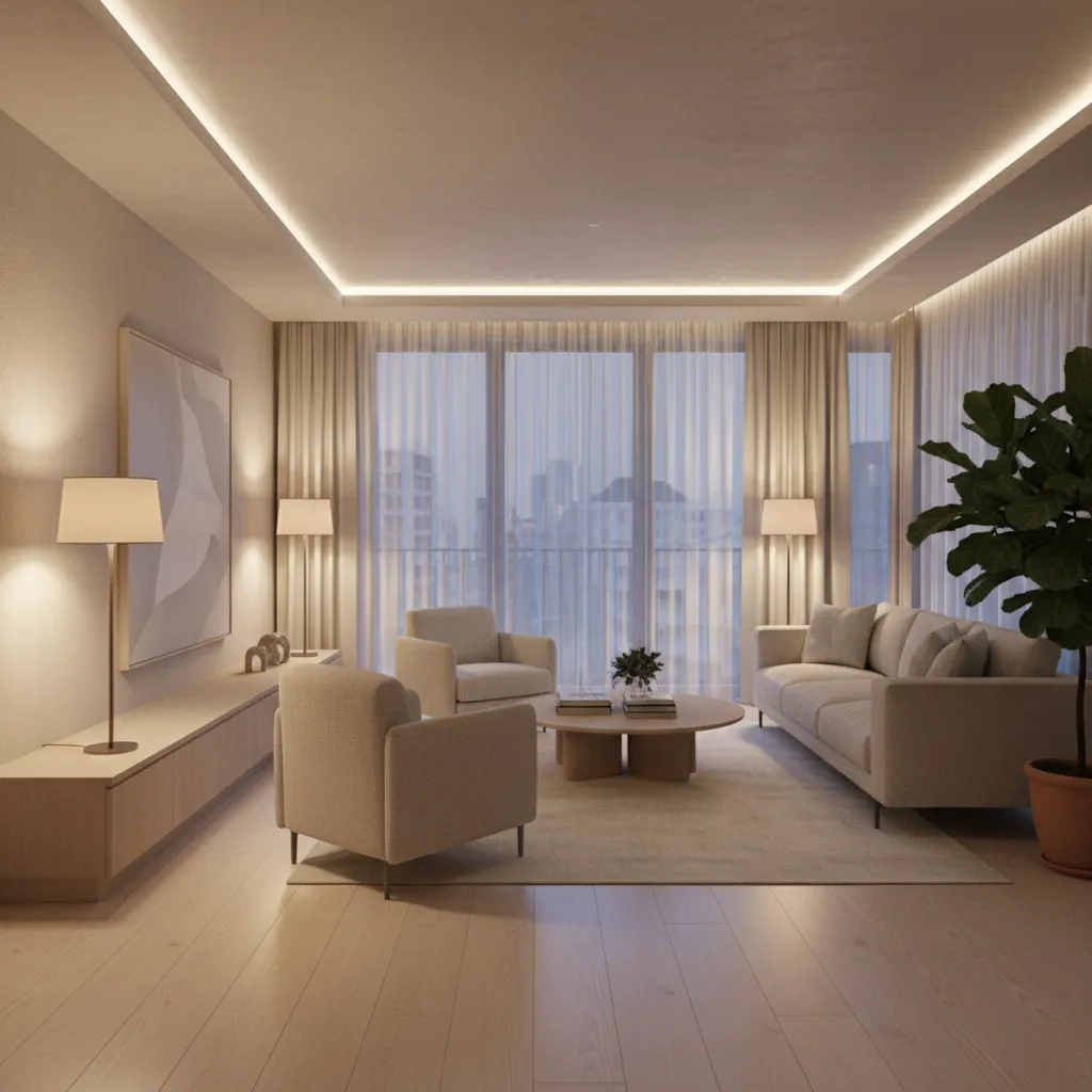 Salón moderno completamente diseñado con mobiliario y decoración equilibrada