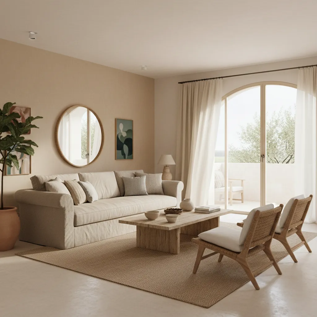 Salón moderno de estilo mediterráneo bien distribuido