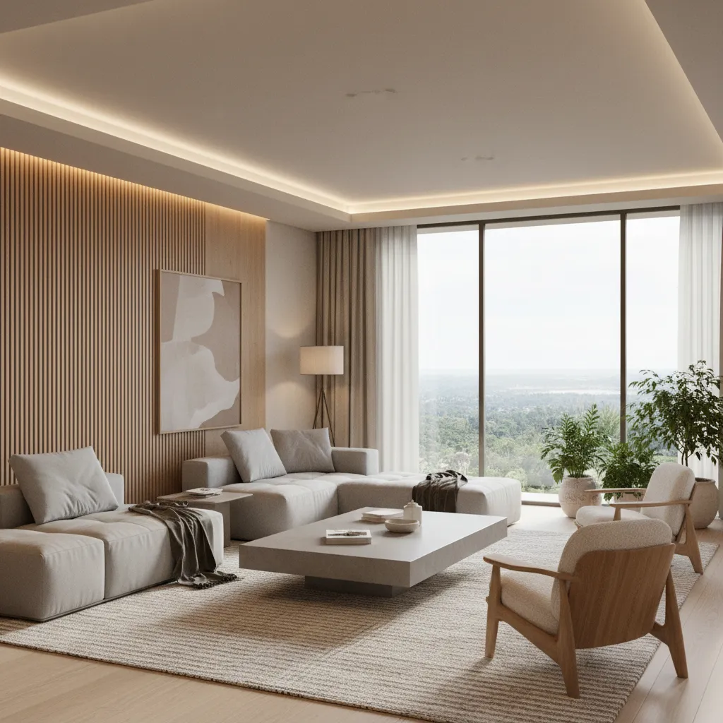 Render de salón moderno diseñado por interiorista