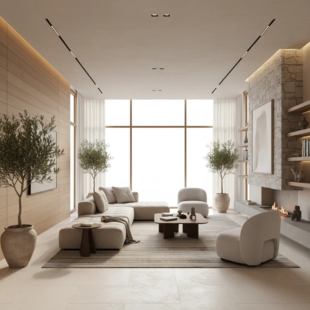 Render 3D de un salón moderno diseñado por interiorista