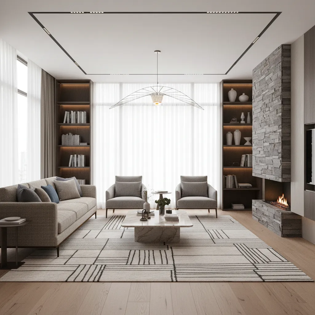 Render de salón moderno diseñado en software de interiorismo