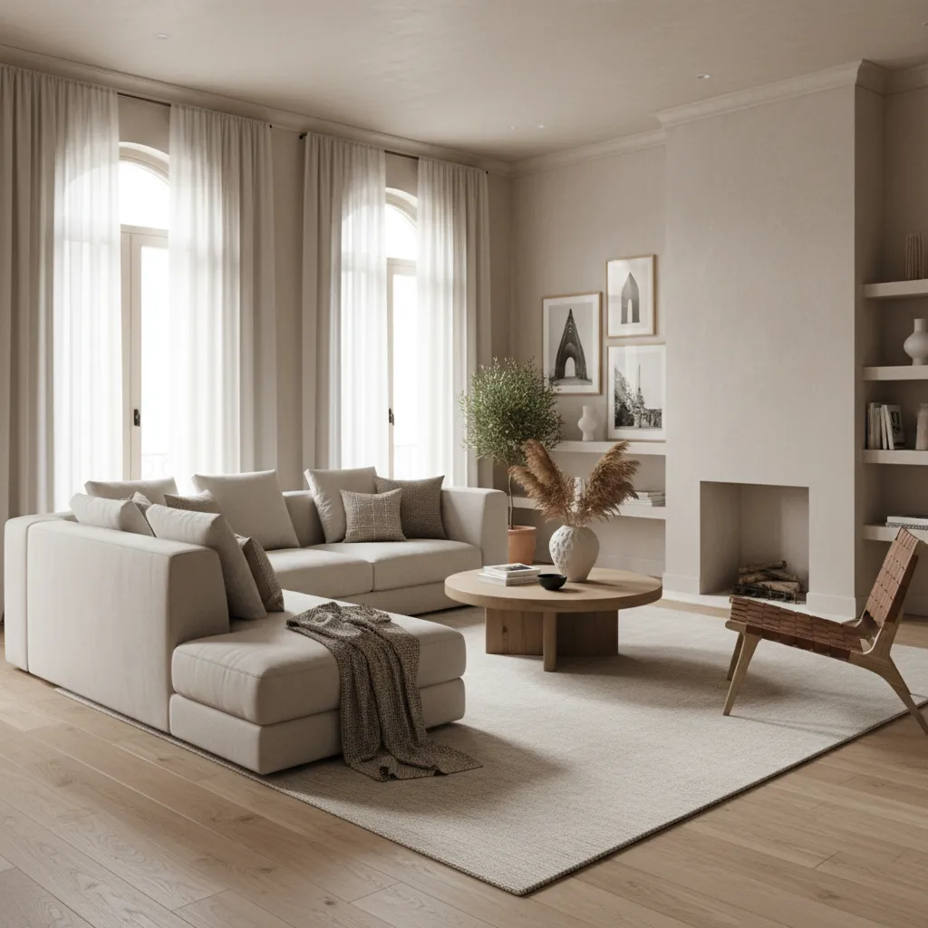 Salón moderno diseñado por interiorista con iluminación cálida y muebles contemporáneos