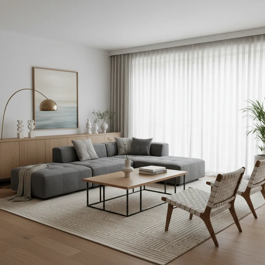 Minimalist living room with grey sofa wooden coffee table white curtains rug and bright natural light
