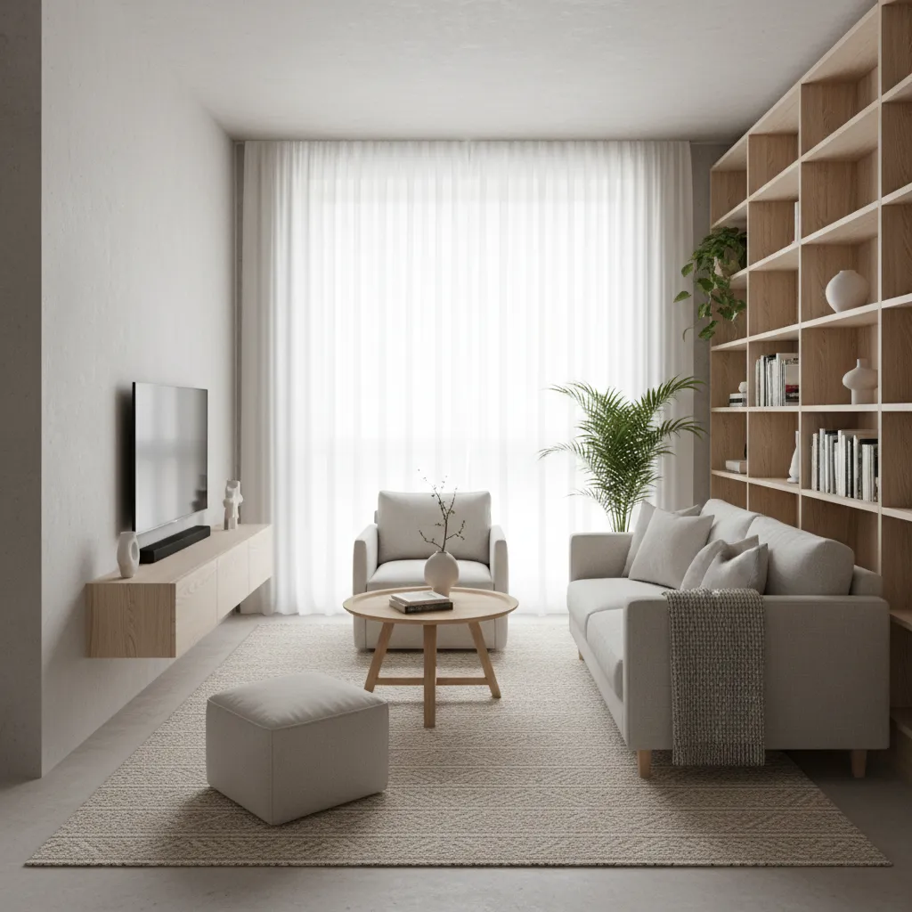 Small organized living room with beige sofa wooden bookshelf round coffee table footrest and curtain