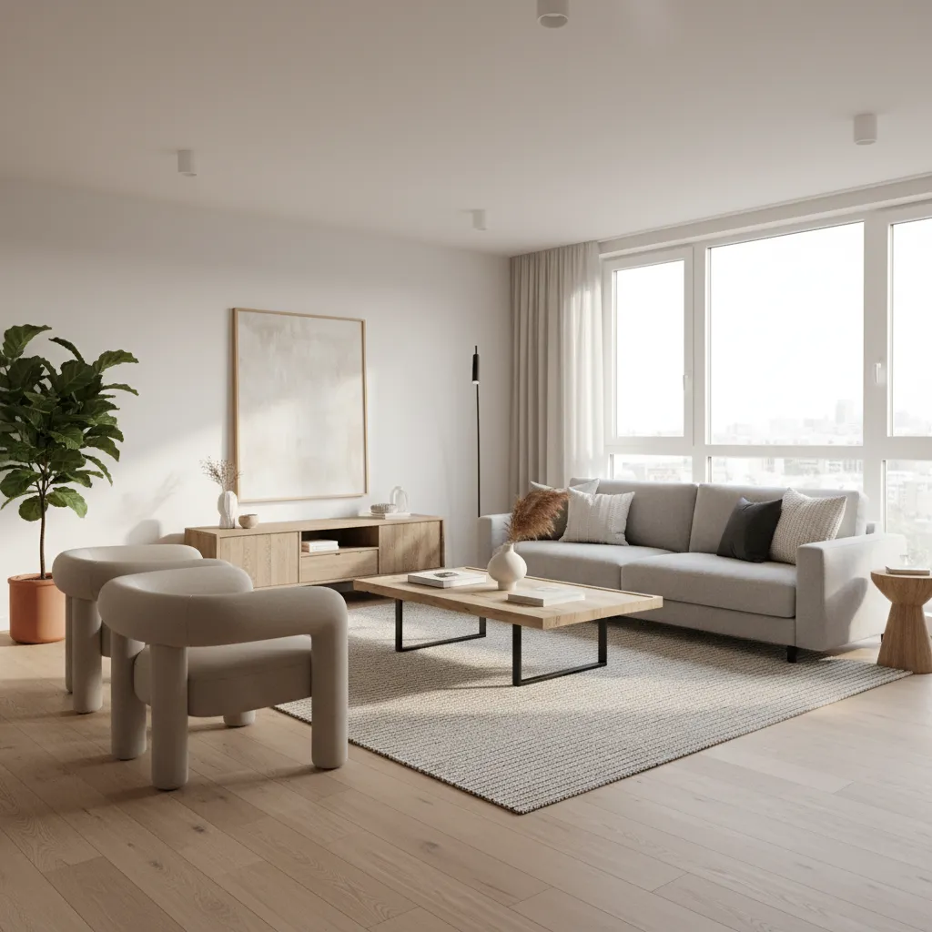 Bright minimalist living room featuring grey sofa, wooden cabinet, coffee table, and two beige chairs
