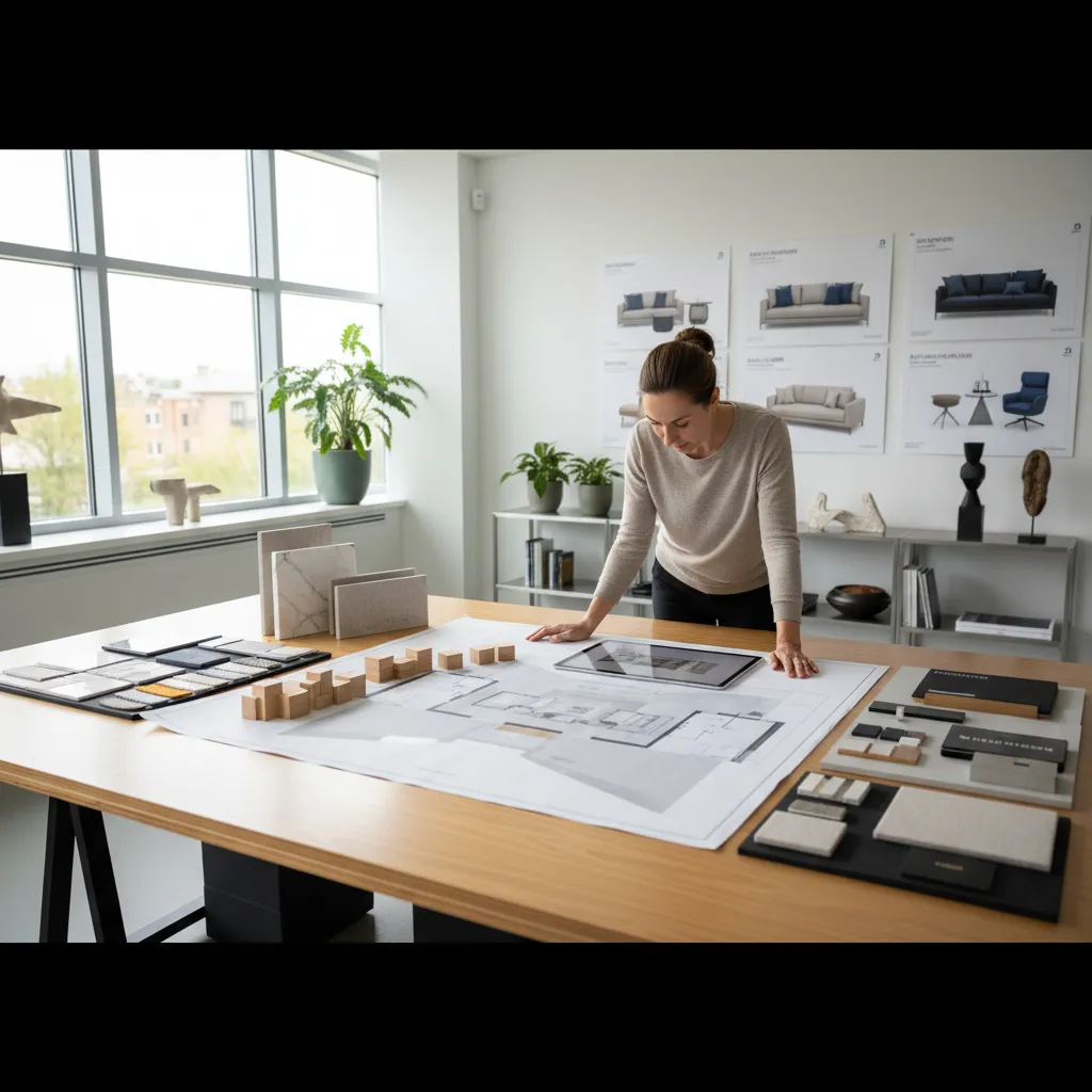 Female designer reviewing a room layout on a large table with tablet and material samples