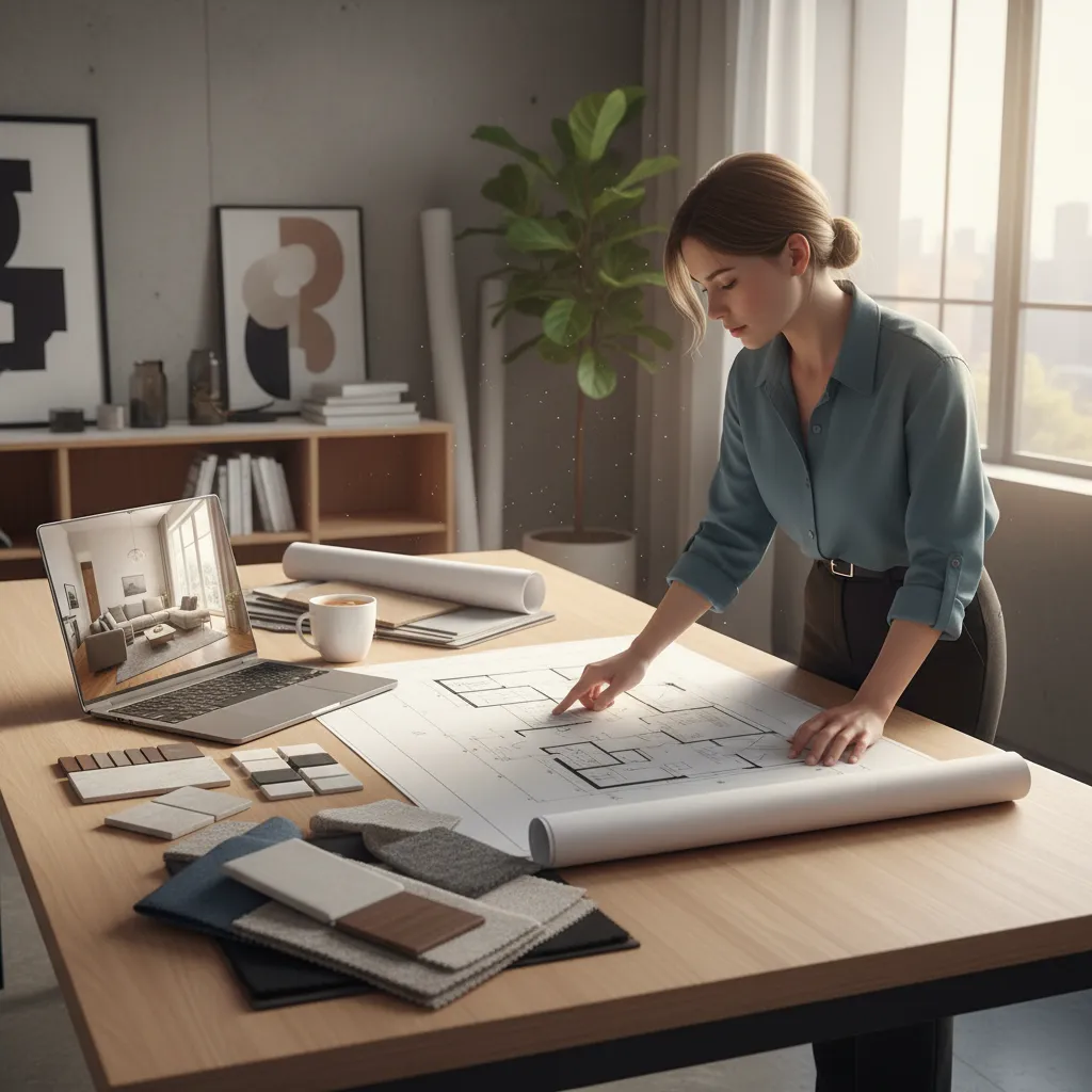 Diseñador revisando la distribución de un salón moderno en un plano