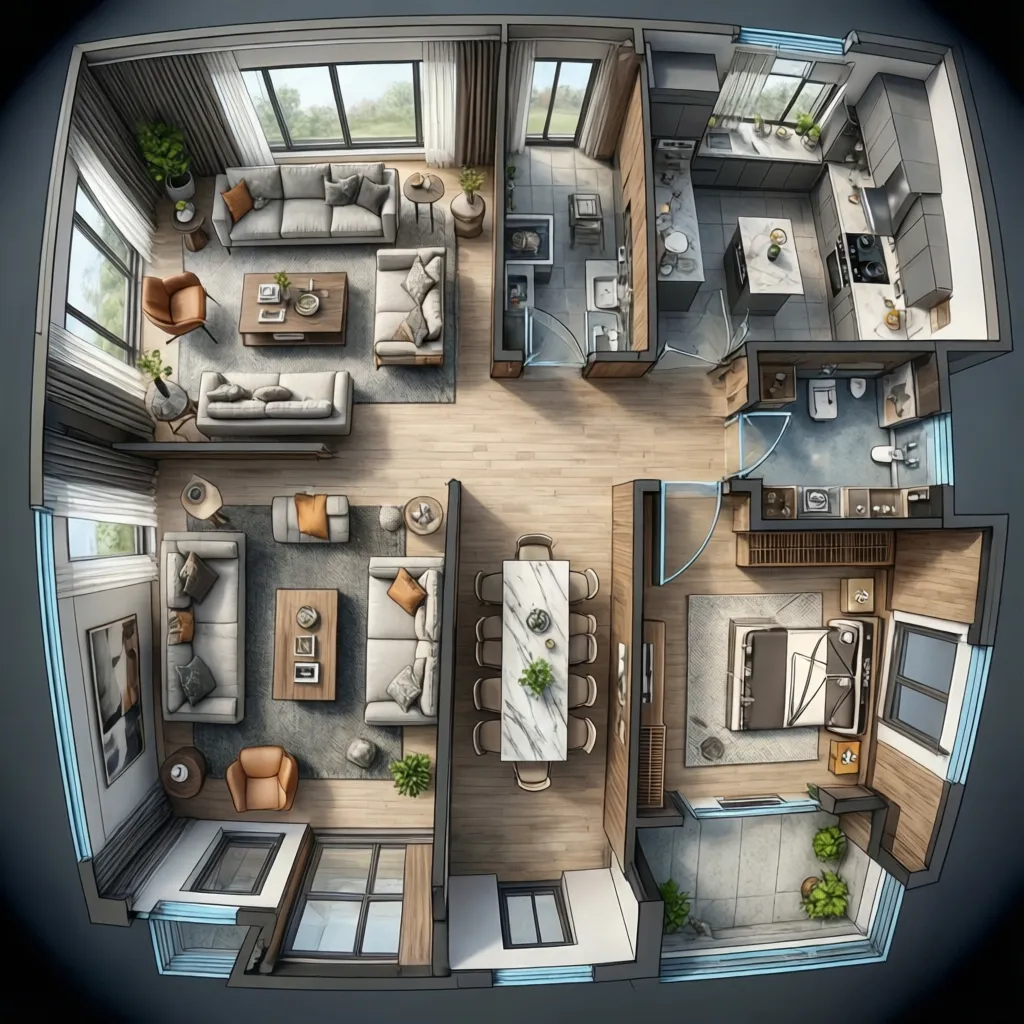 Plano centrado en el diseño del salón conectado con cocina y comedor