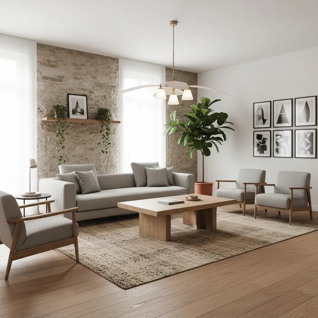 Proyecto de diseño de salón moderno con mobiliario planificado