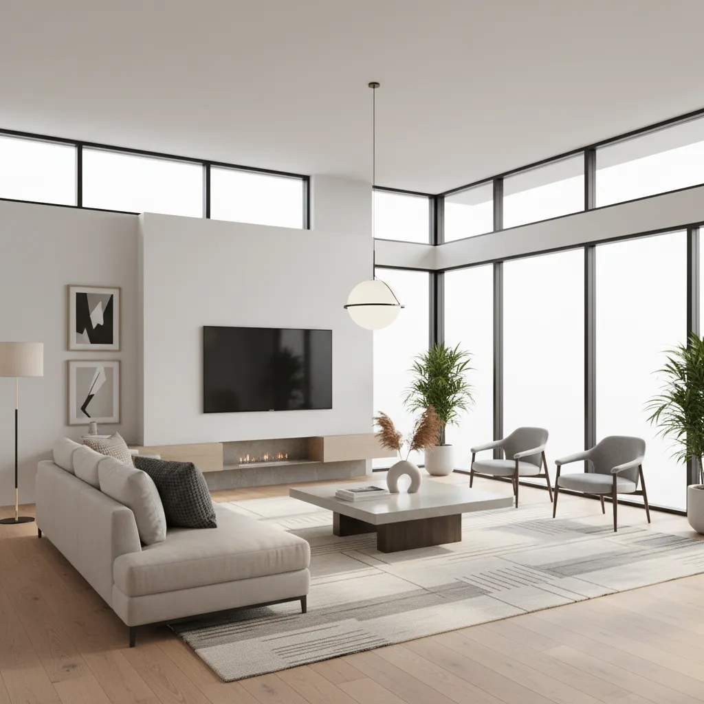 Visualización realista de salón moderno diseñado digitalmente