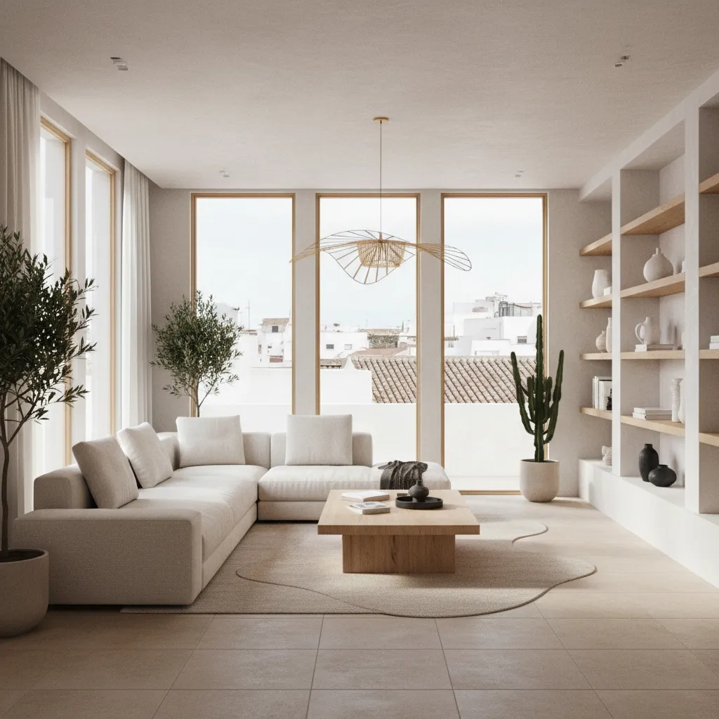 Render 3D de un salón moderno diseñado por un decorador de interiores