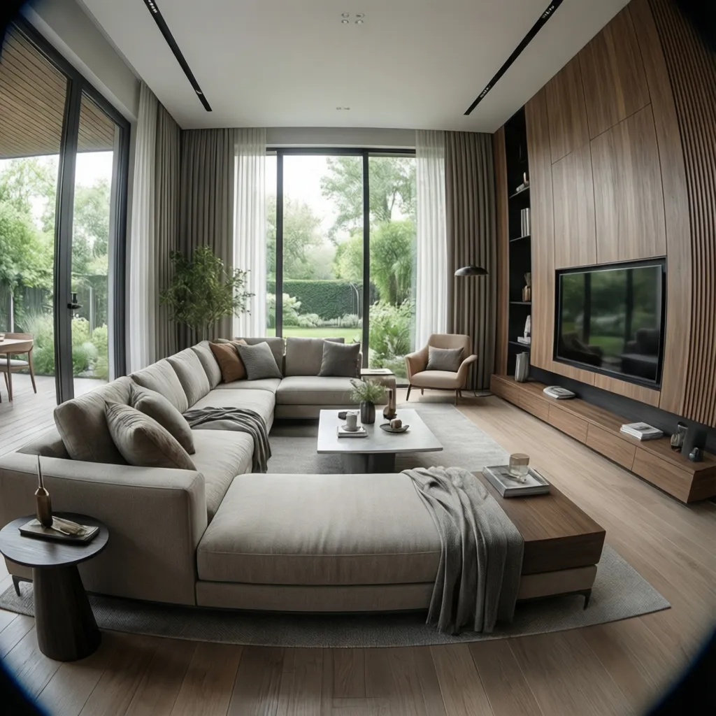 Render 3D realista de salón moderno diseñado con software