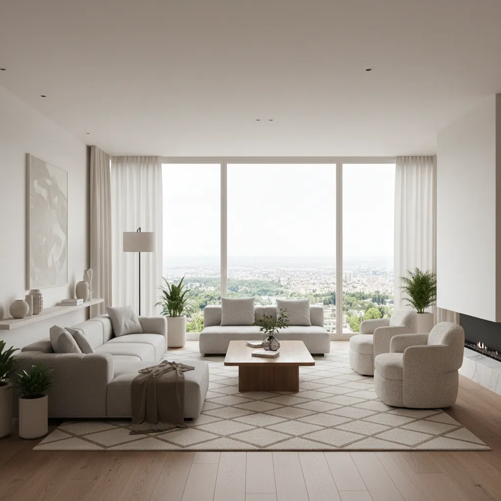 Render 3D realista de salón diseñado por interiorista