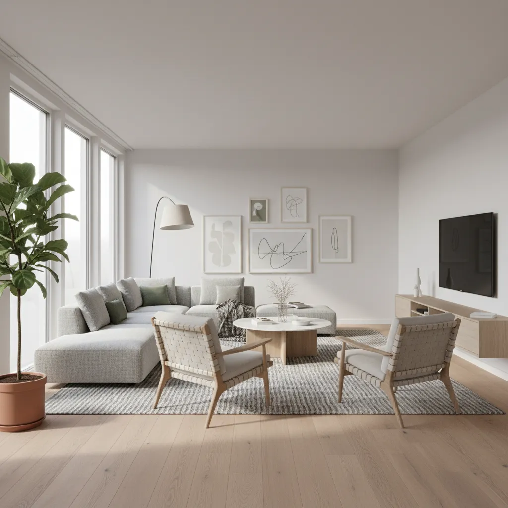 render 3D de un salón moderno diseñado digitalmente