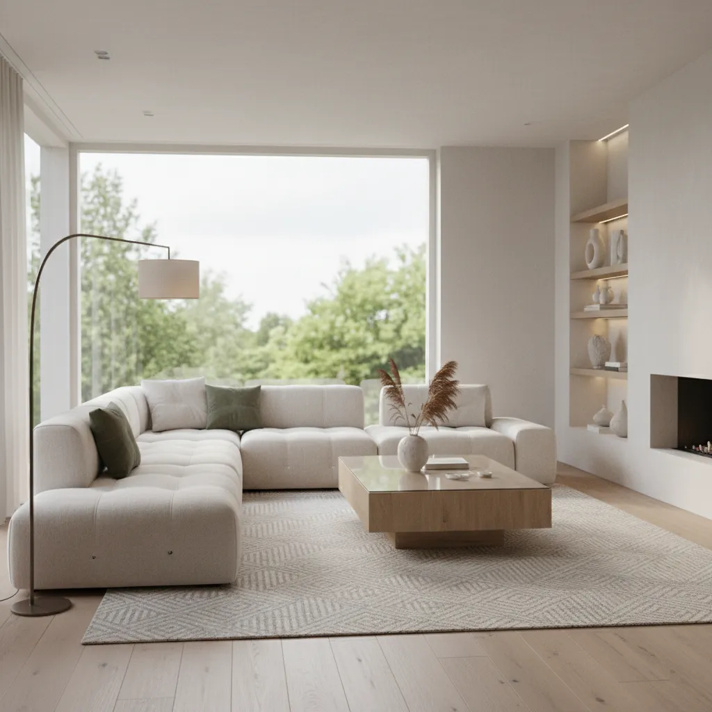 Render 3D de salón moderno usado en presentación de proyecto