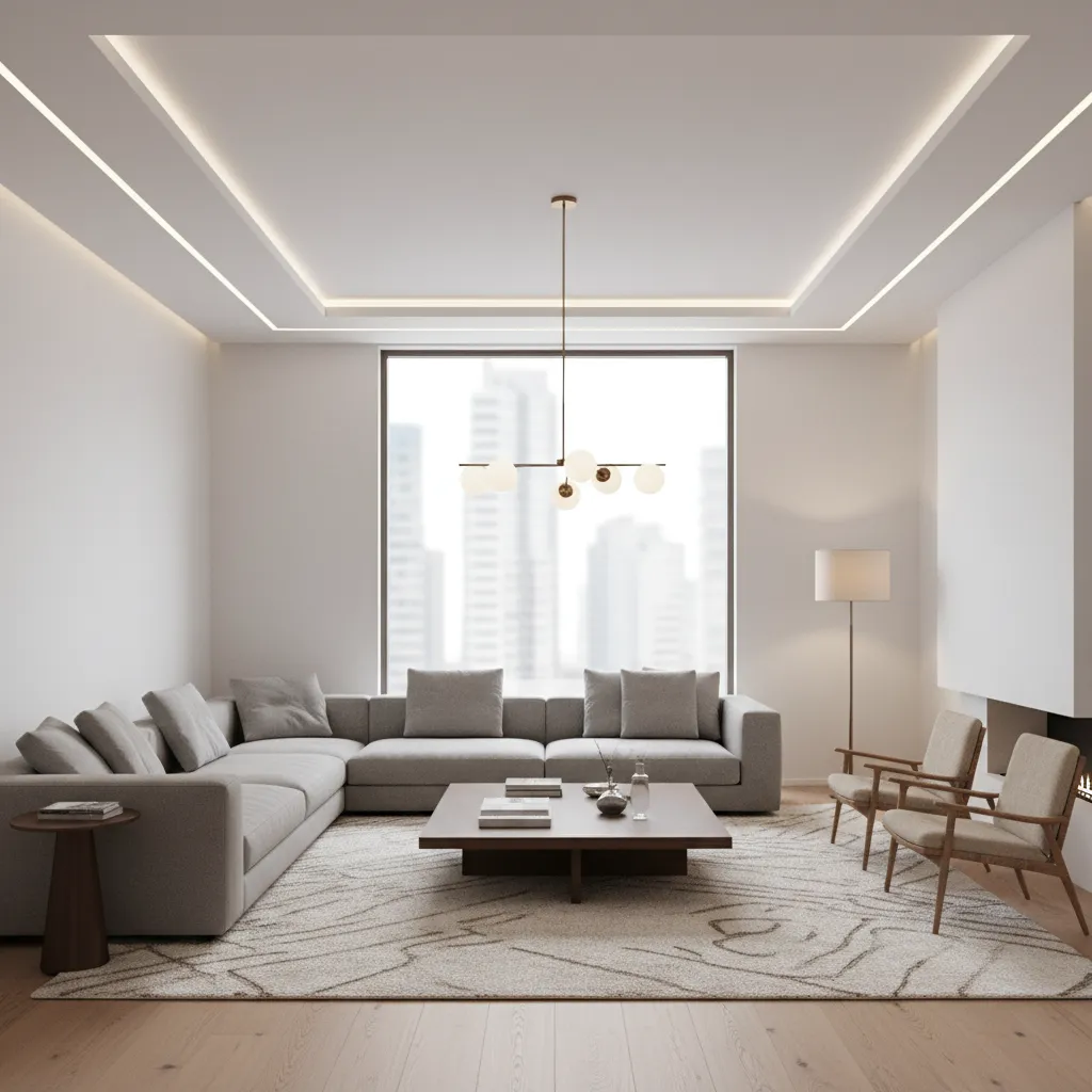 Modern living room with grey sofa wooden coffee table two chairs ceiling light city view