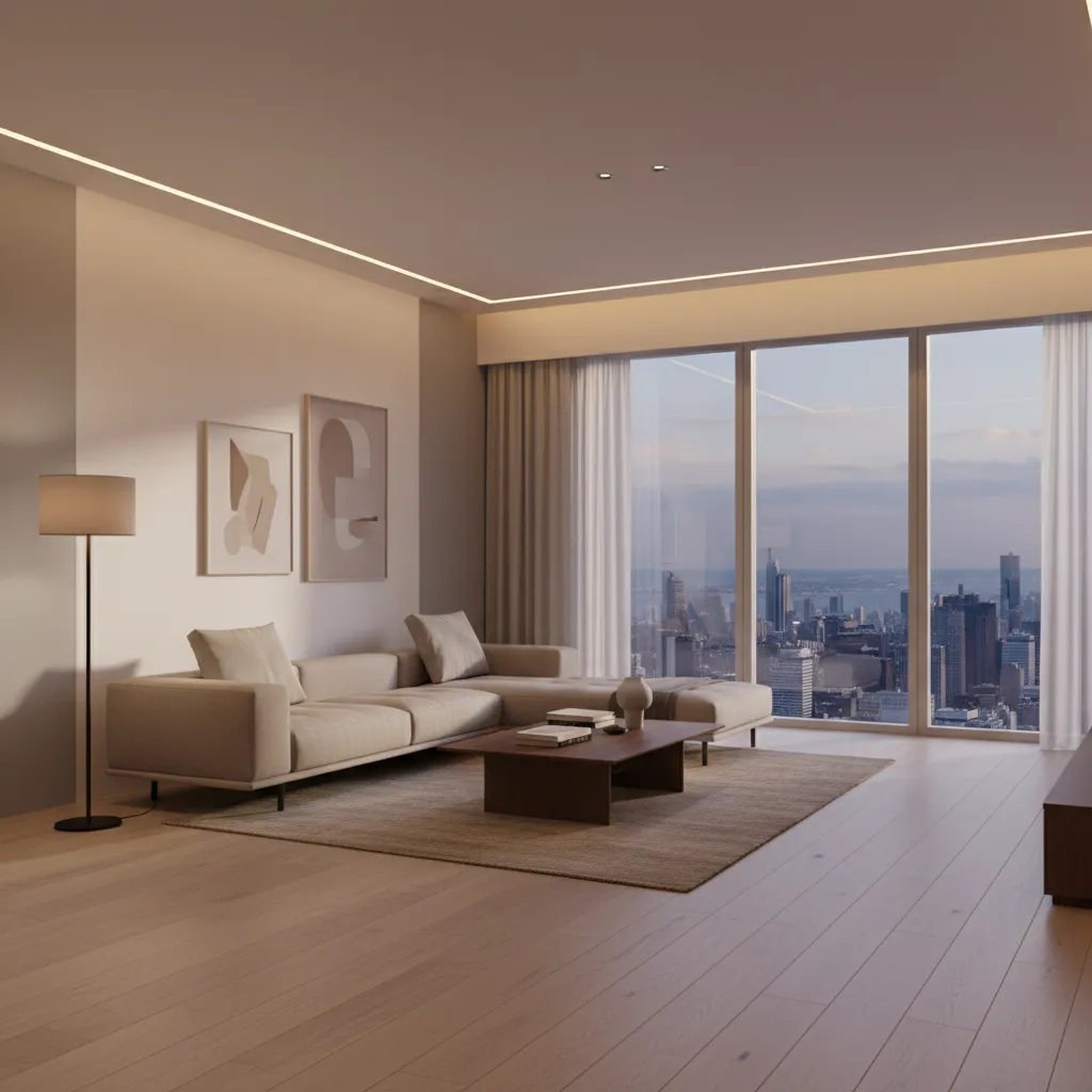 Modern living room with beige sofa wooden coffee table floor lamp and city view windows