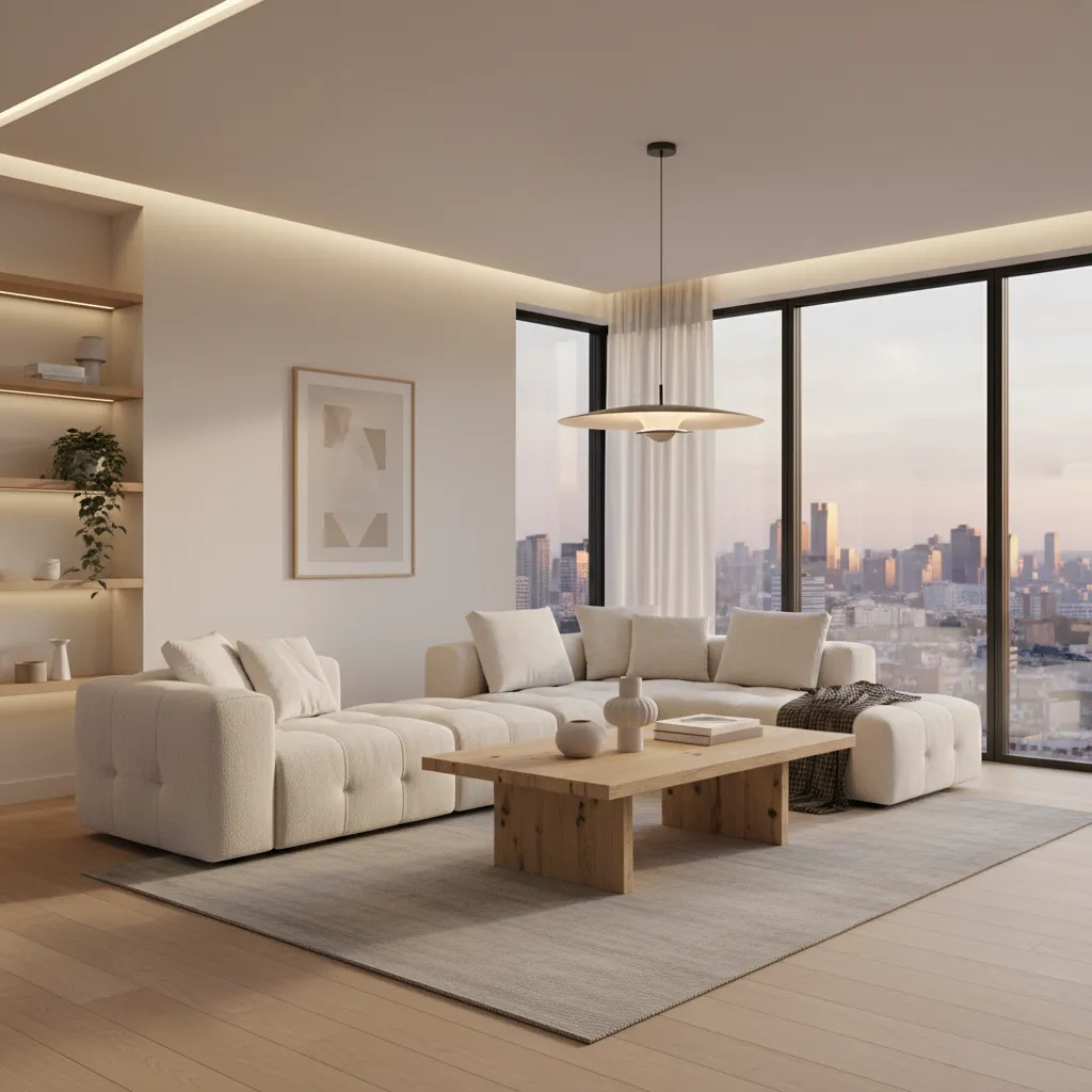 Render de diseño de salón moderno con sofá neutro y iluminación cálida