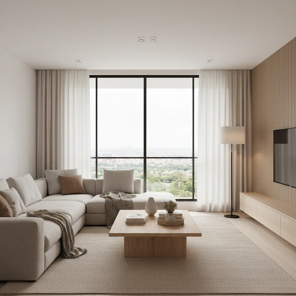 Render realista de un salón diseñado por estudiantes de interiorismo