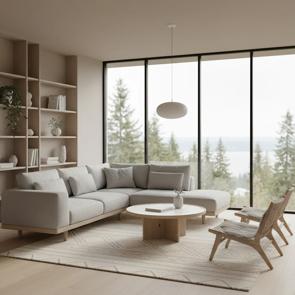 Modern living room interior design with grey sofa wooden coffee table large windows and bookshelf