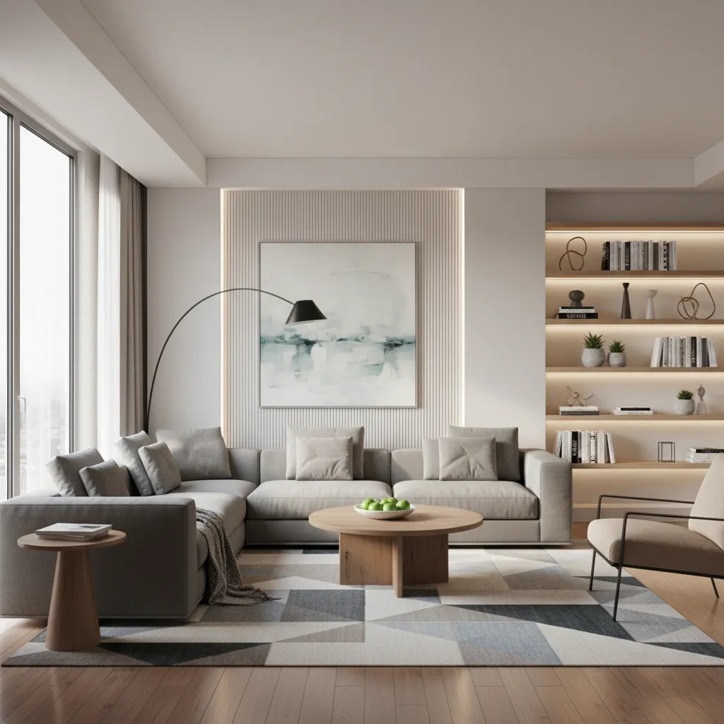 Diseño digital de un salón moderno con sofá, mesa y luz natural