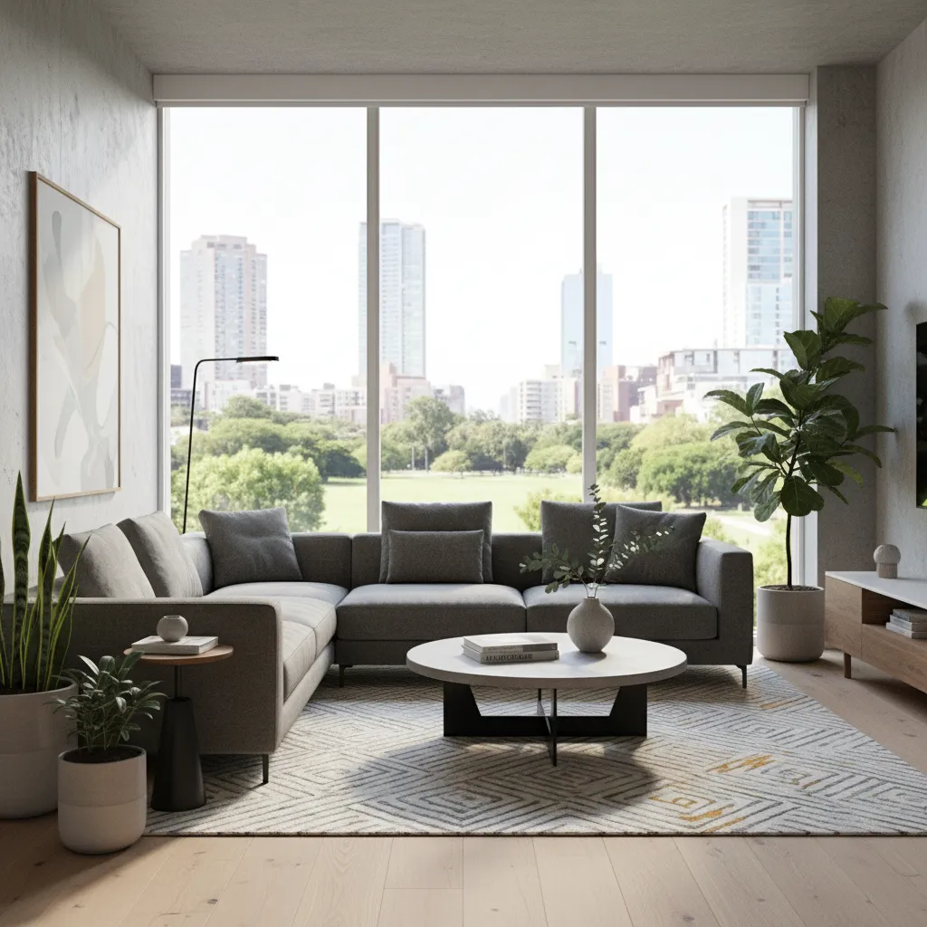 Modern living room with grey sofa round coffee table green plants window and city view