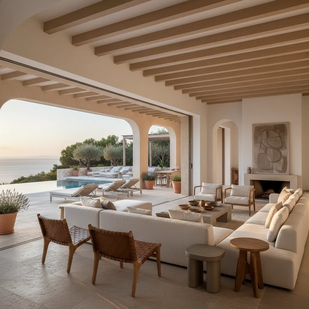 Mediterranean living room with white sofa wooden ceiling beams stone floor and infinity pool view