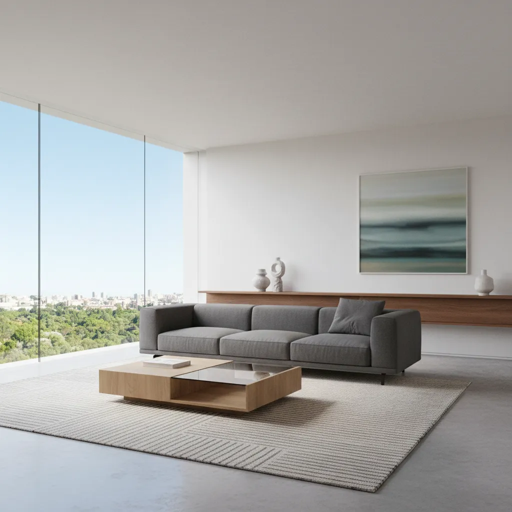 visualización 3D de salón moderno con sofá y mesa de centro