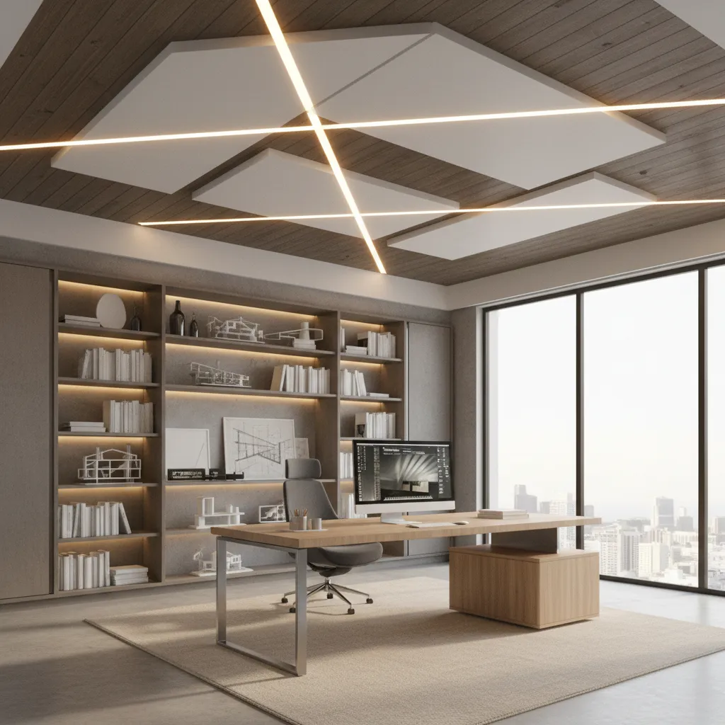 Visualización 3D de diseño de techo interior con iluminación