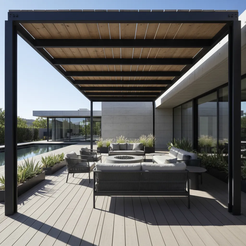Modern patio with wood roof, grey outdoor sofas, fire pit, swimming pool, and grey floor