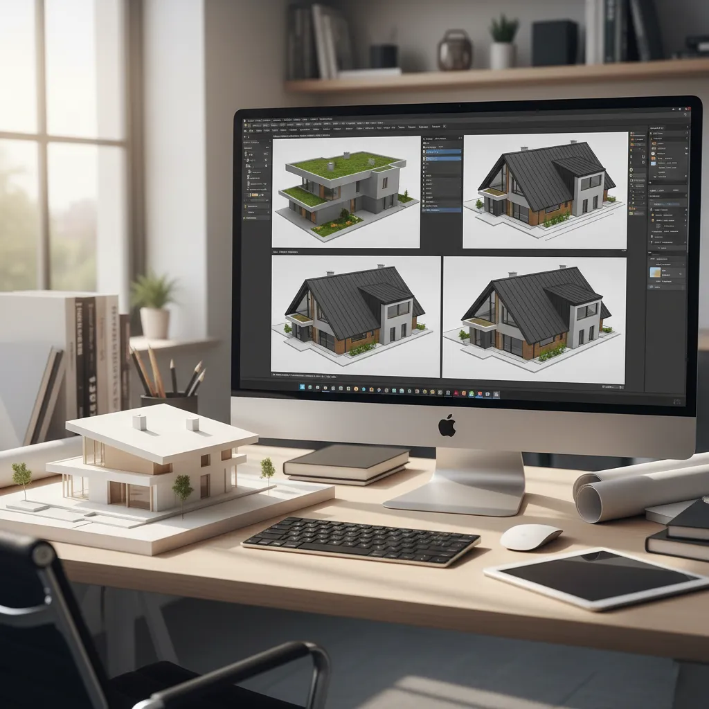 Visualización 3D de una casa con diferentes opciones de tejado