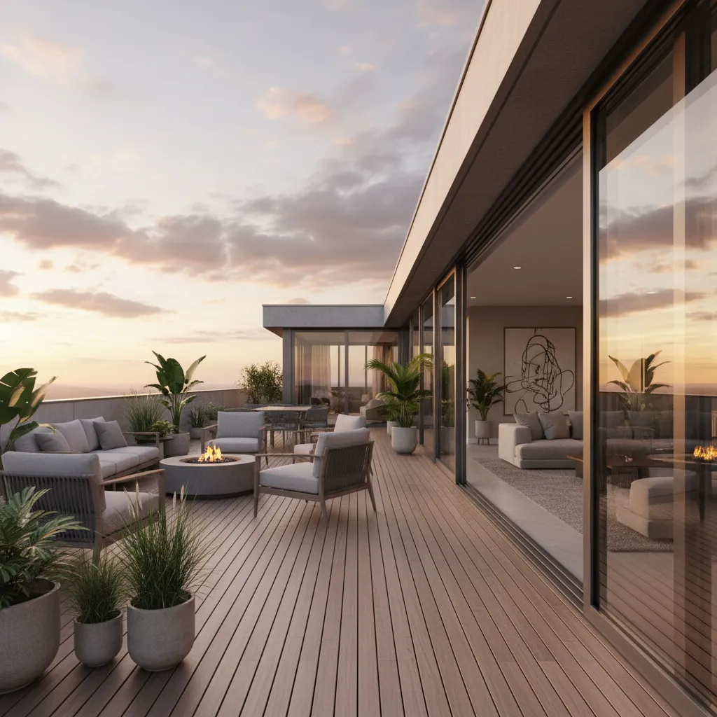 Diseño de terraza moderna conectada con el interior de una vivienda