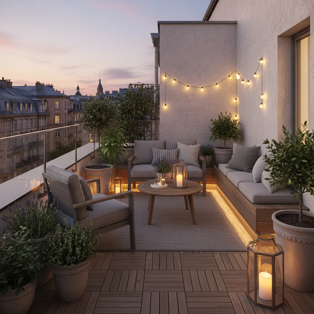 Cozy balcony terrace at sunset with outdoor sofa wooden coffee table string lights and plants