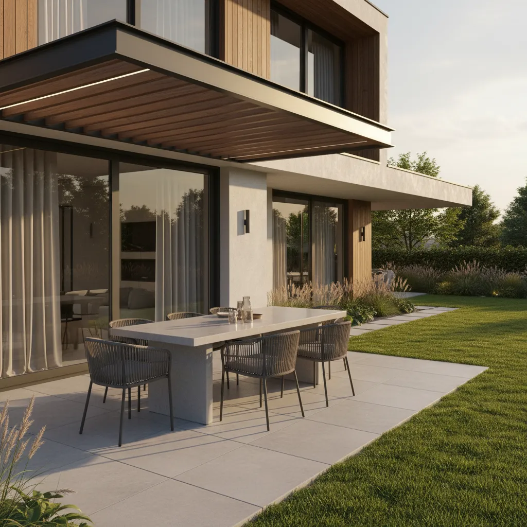 Render 3D de terraza moderna conectada con jardín