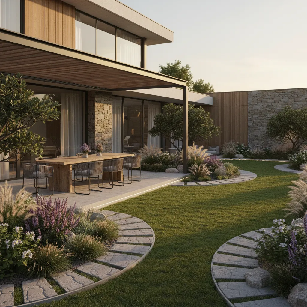 Diseño 3D de terraza conectada con jardín moderno