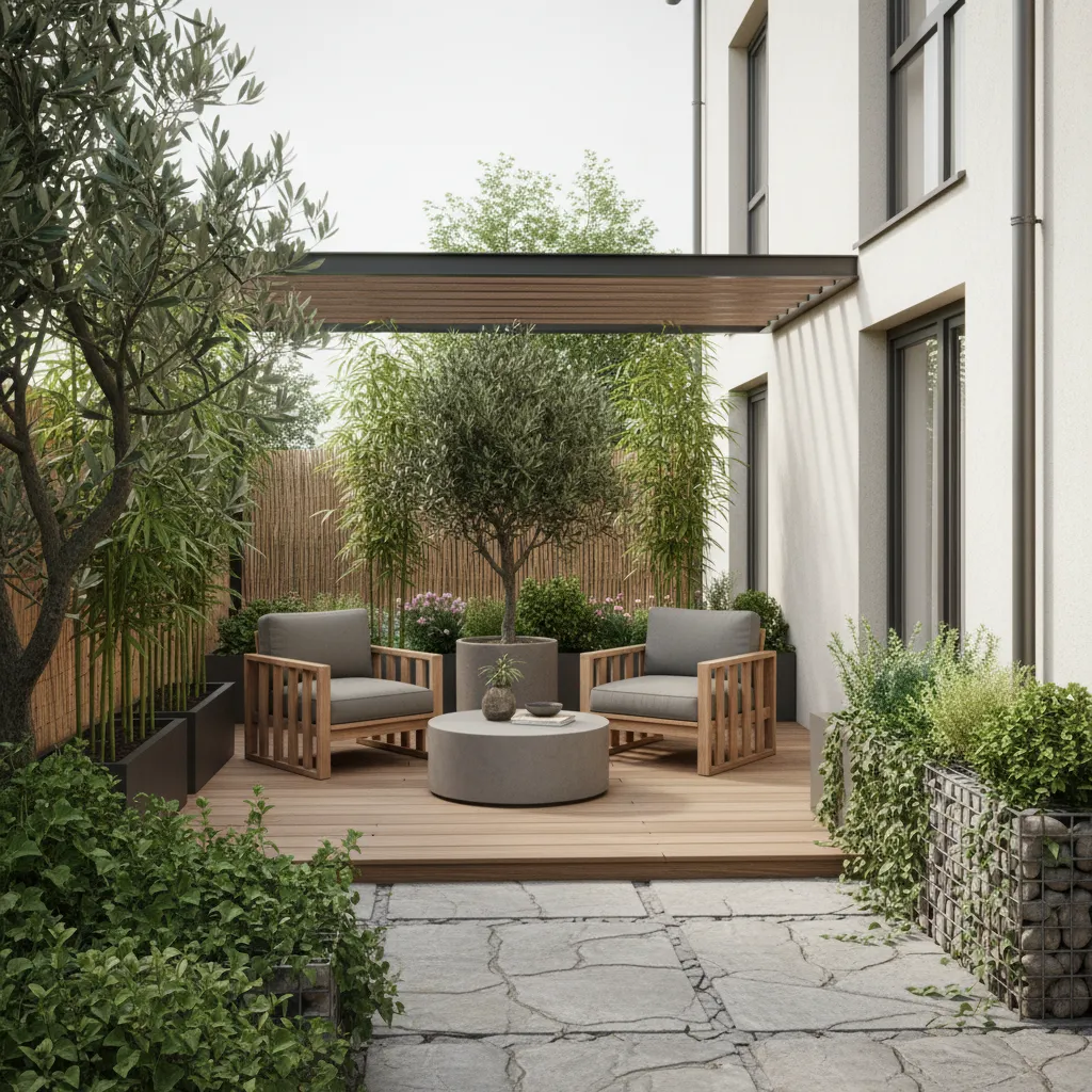 Small patio design with wood flooring two wooden chairs round table and green bamboo plants
