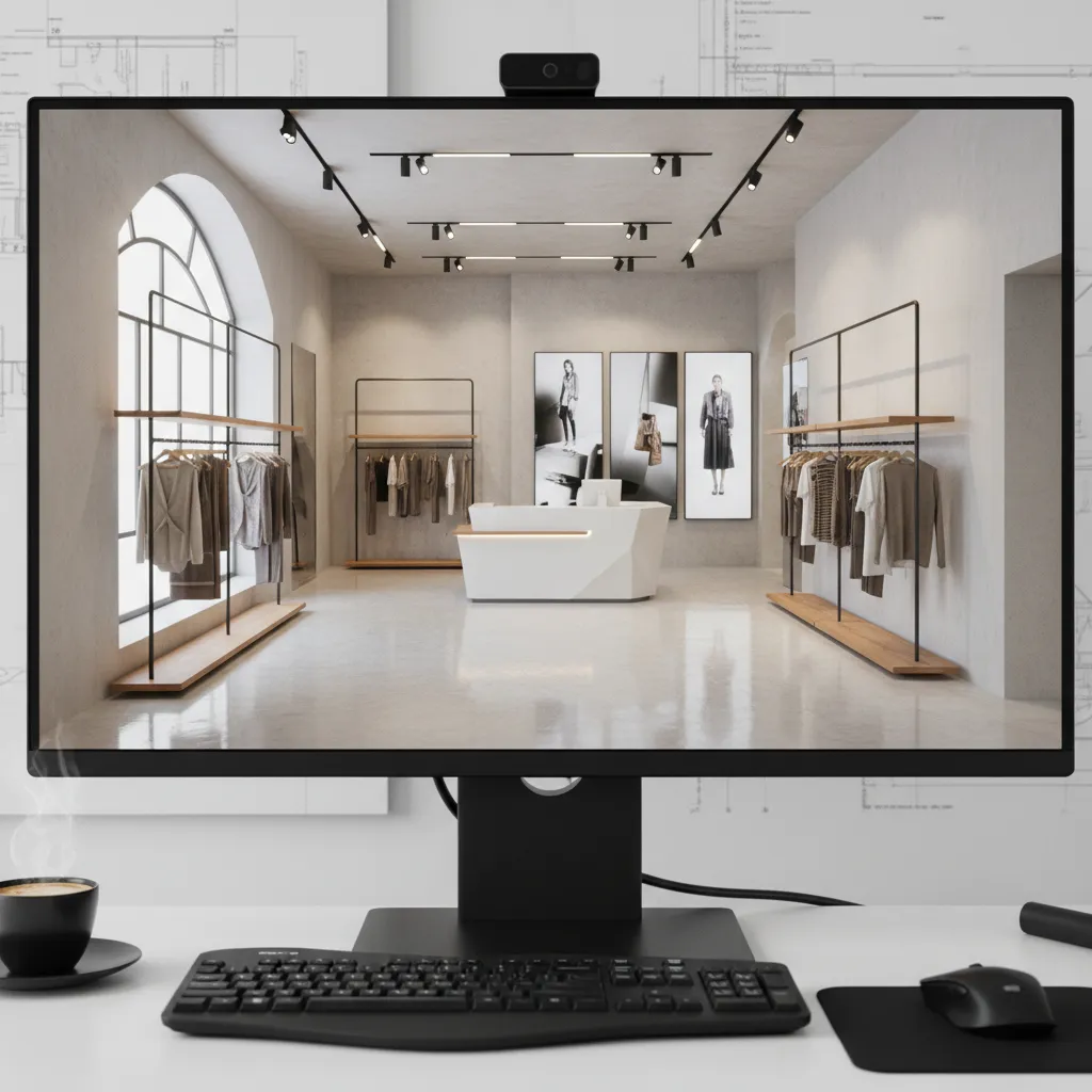 Visualización 3D del diseño interior de una tienda de ropa