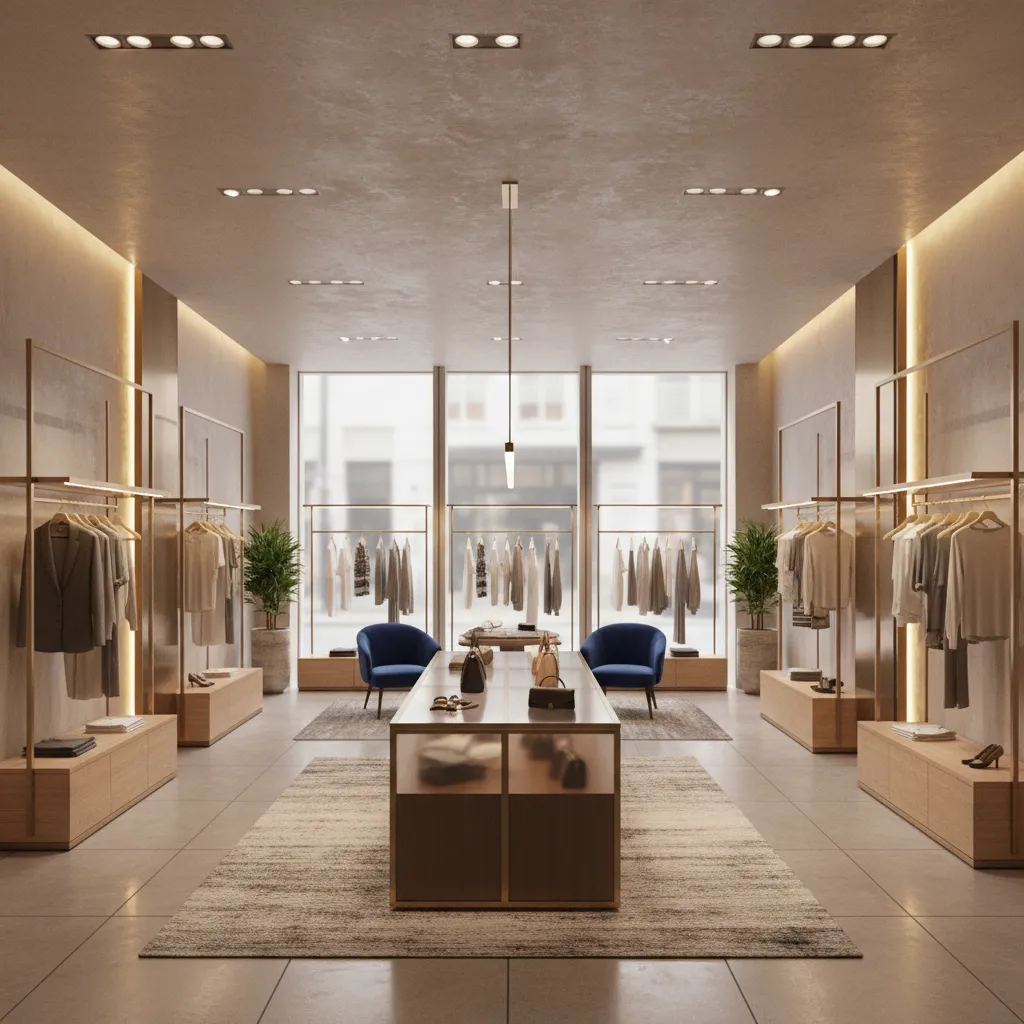 Visualización 3D de una boutique moderna con estanterías y vitrinas